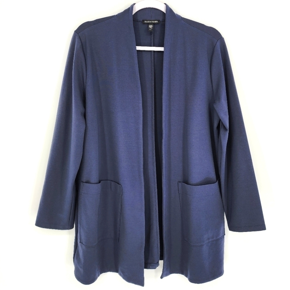 Eileen Fisher High Collar Long Jacket Cardigan Sweater Open Front Blue Medium